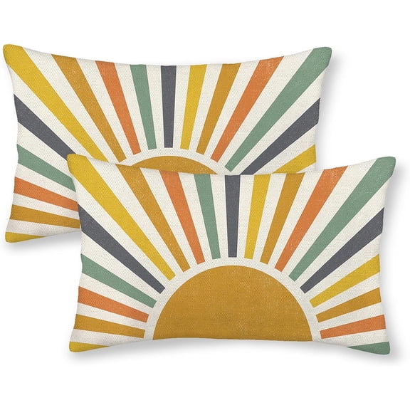 Summer Pillow Covers 12x20 Inch Set of 2, Stripes Yellow Sunshine Decorations Outdoor Throw Pillows Boho Outdoor Rainbow Sun Pillowcase Linen Decor Cute Lumbar Cushion Case for Home Bedroom