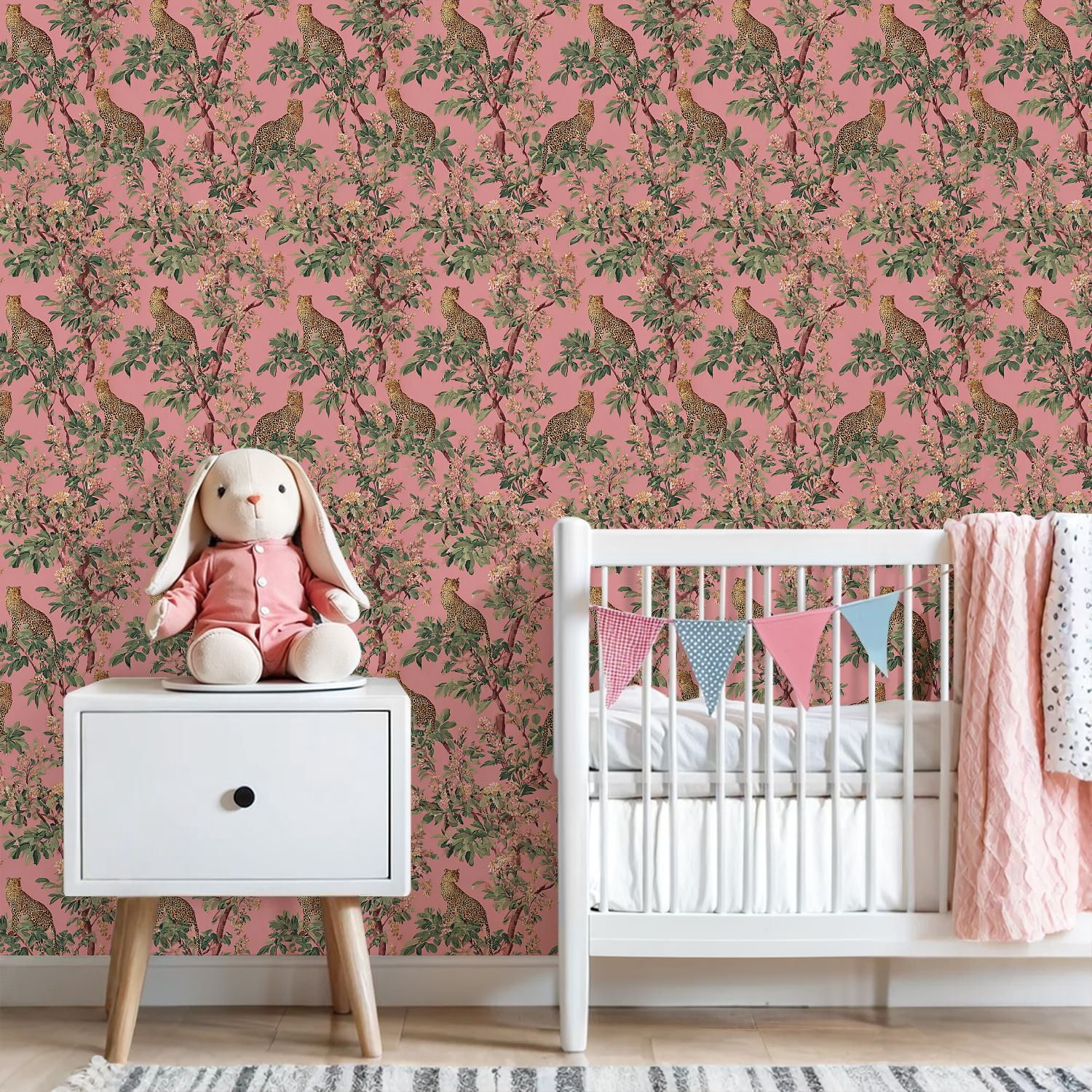 Peel and Stick Wallpaper Leopard Print Floral Pink Wall Mural 23.6in x 9.8ft Self Adhesive Removable Wall Paper Renter Friendly Wallpaper for Nursery Bedroom Cabinets