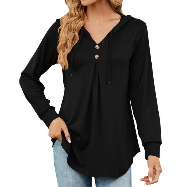 WEAIXIMIUNG Women's Novelty T-Shirts Plus Size Ladies' V Neck Solid Color Button Drawstring Long Sleeve Loose T Shirt