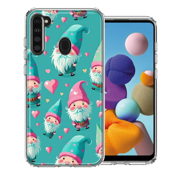MUNDAZE Samsung Galaxy A21 Shockproof Clear Hybrid Protective Phone Case Turquoise Pink Hearts Gnomes Cover