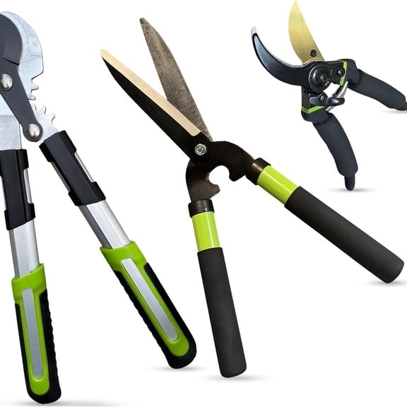 Hedge Shears Bypass Loppers Pruning Shears 3 Pc Set - Heavy Duty Comfort Grip Handles - Sharp Blades for Easy & Clean Cuts - Perfect Trimming Tool Kit