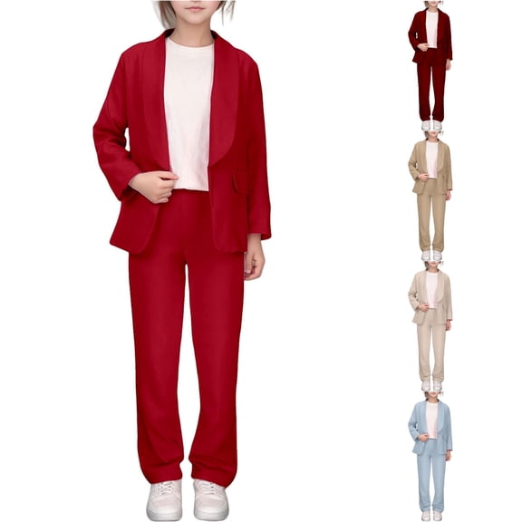 Krdevn Girls Open Front Blazer Suit Set Lapel Long Sleeve Jacket with Straight Leg Pants Casual Formal Outfit,7-8 Years