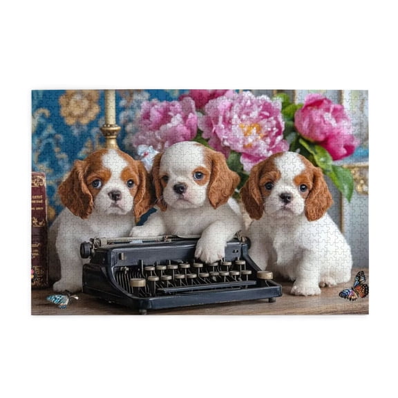 500 Piece Adorable Cavalier Puppies Jigsaw Puzzle For Adults Charming Vintage Scene, Relaxing Brain Workout & Stress Relief Game, Unique Gift Home Decor