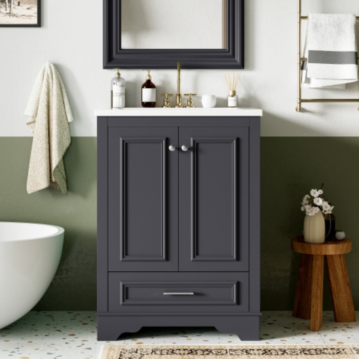 24" Bathroom Vanity with Ceramic Sink, Freestanding Bathroom Cabinet with Storage, Soft Close Doors, Adjustable Shelf, Silver Handles, Blue Gray