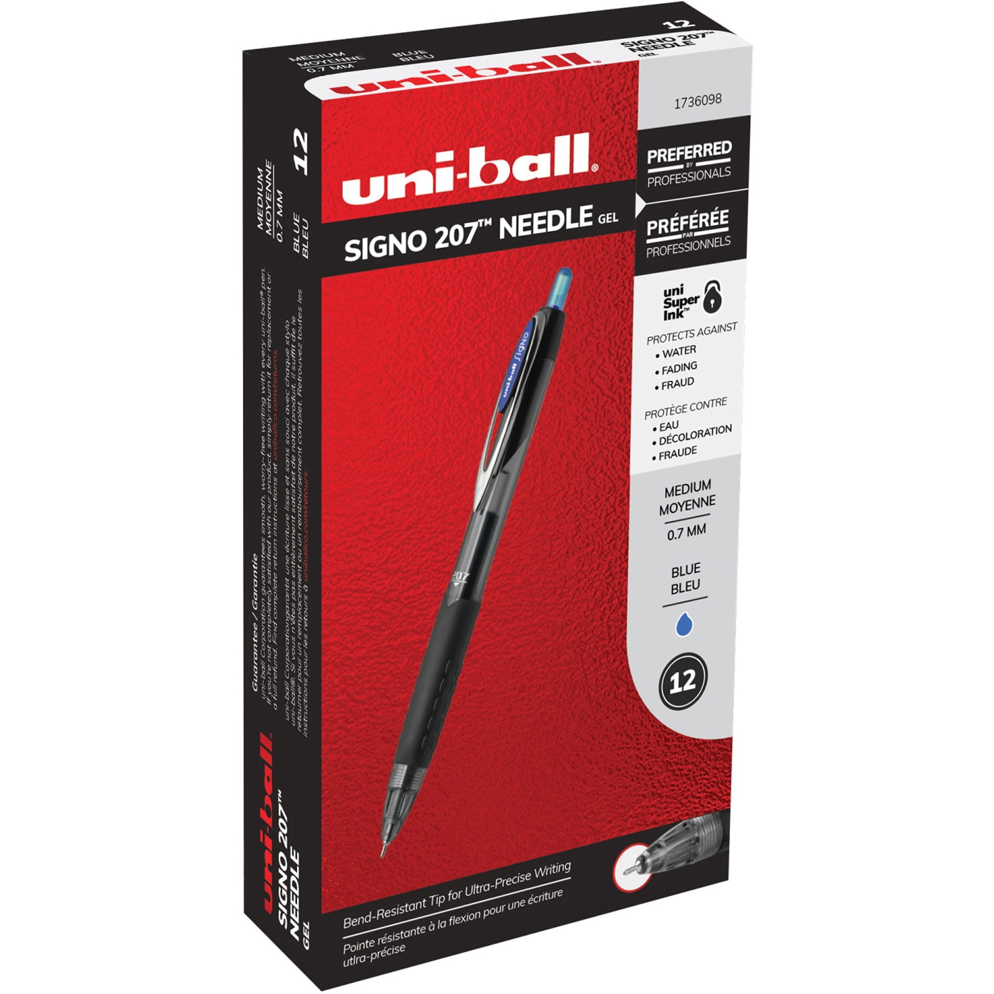 uni-ball® 207™ Retractable Fraud Prevention Gel Pens, Needle Point, 0.7 mm, Translucent Black Barrels, Blue Ink, Pack Of 12