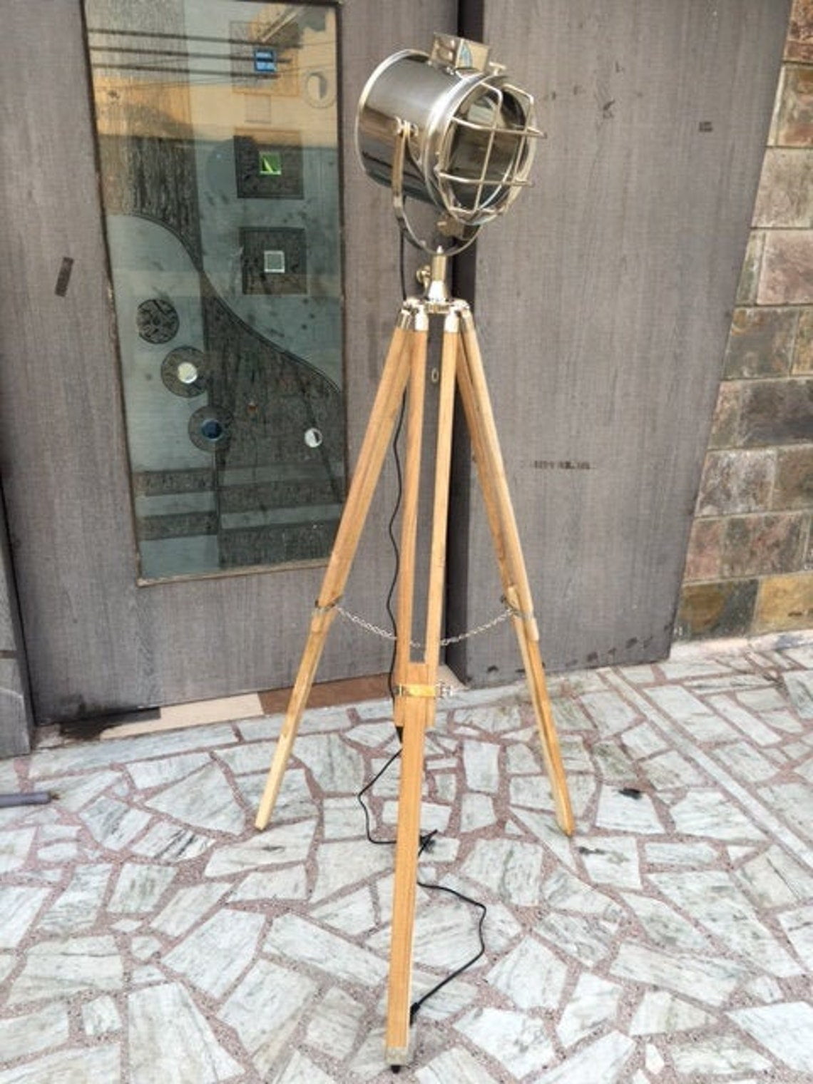 Collectibles Brass Nautical Searchlight Floor Lamp Spotlight With Wooden Tripod 