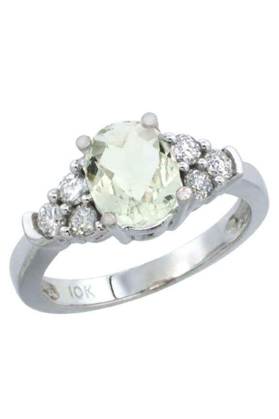 14K White Gold Natural Green Amethyst Ring Oval 9x7mm Diamond Accent, size 7