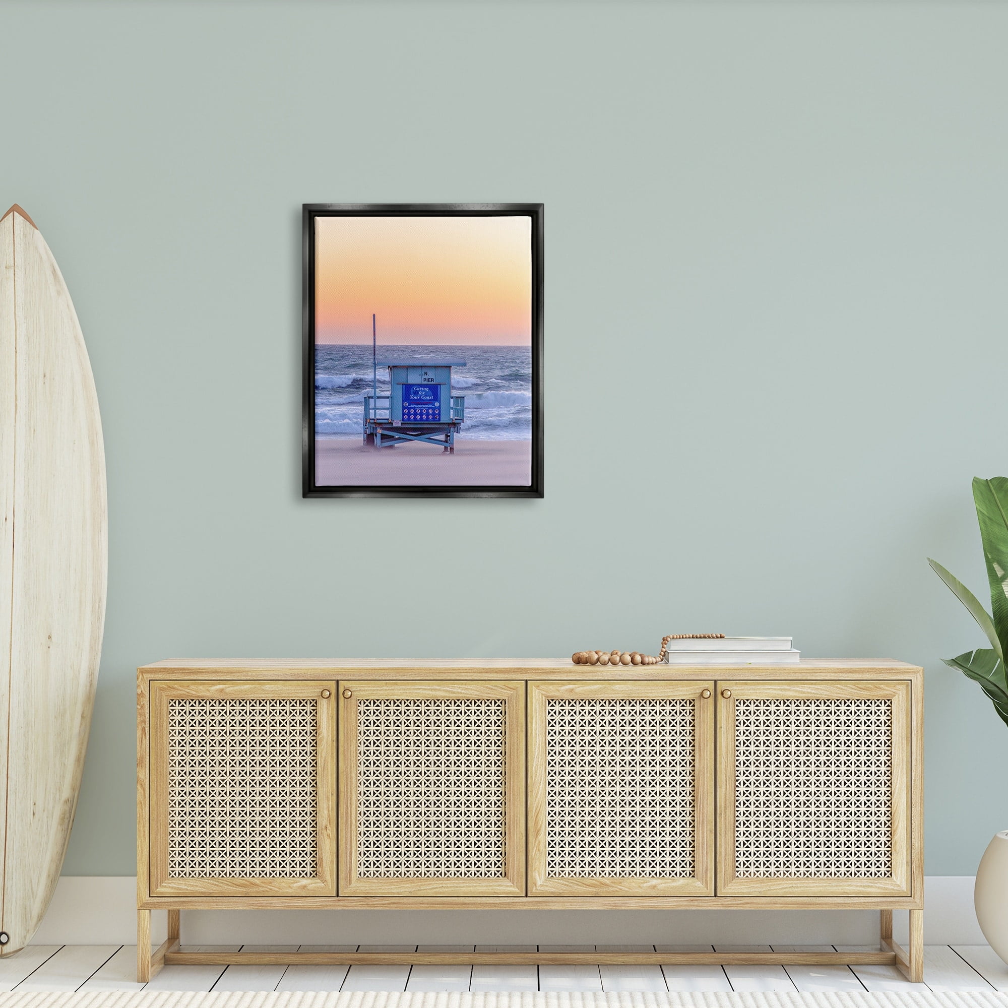 Stupell Industries Tranquil Orange Sunset Beach Hut Ocean Shore Photograph Jet Black Floating Framed Canvas Print Wall Art, Design by Jeff Poe