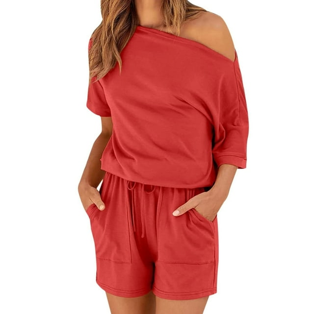 XZNGL Romper Shorts for Women Summer Womens Spring and Summer Solid Color One Shoulder Sloose Fitting Casual One-Piece Shorts Rompers for Women Summer Sexy Womens Summer Pants Lightweight