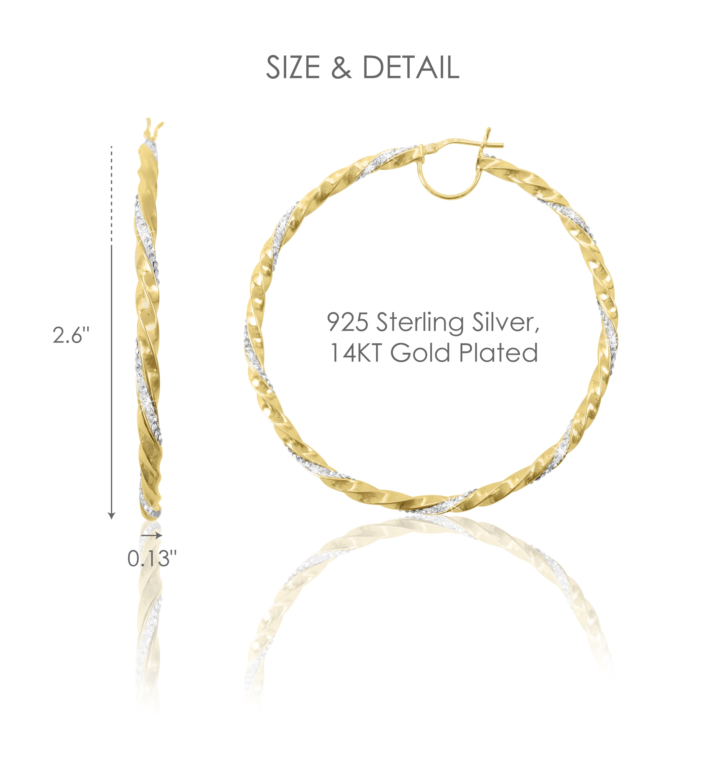 Brilliance Fine Jewelry 14K Gold Plated Sterling Silver Twisted Crystal Round Large Hoop Adults Women's Earring