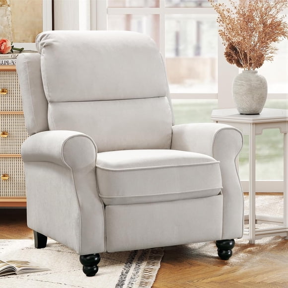 Bonzy Home Push Back Recliner Chair, Fabric Armchair with Overstuffed Cushion & Rolled Arms, Upholstered Reclining Chair with Spring Cushion & Solid Wood Legs for Living Room, Bedroom, White