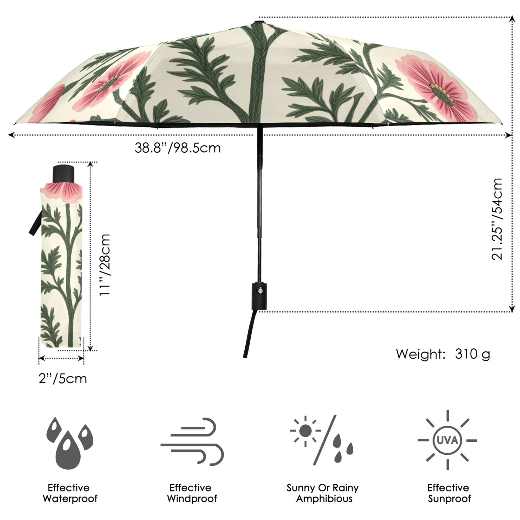 FORMRS Travel Umbrella Folding Auto Open Close Windproof Rain UV Protection, Light Pink Flowers