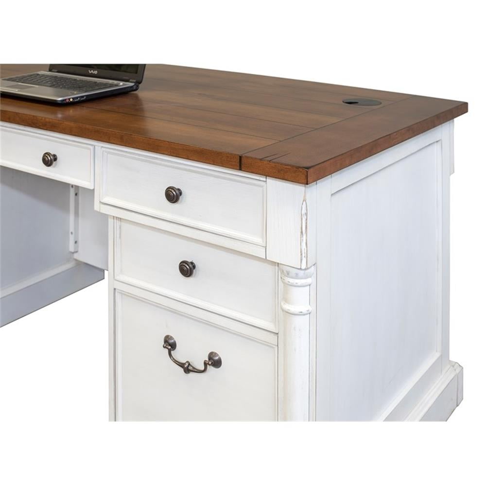 Pemberly Row Rustic Wood Double Pedestal Executive Desk w/ Power Center in White