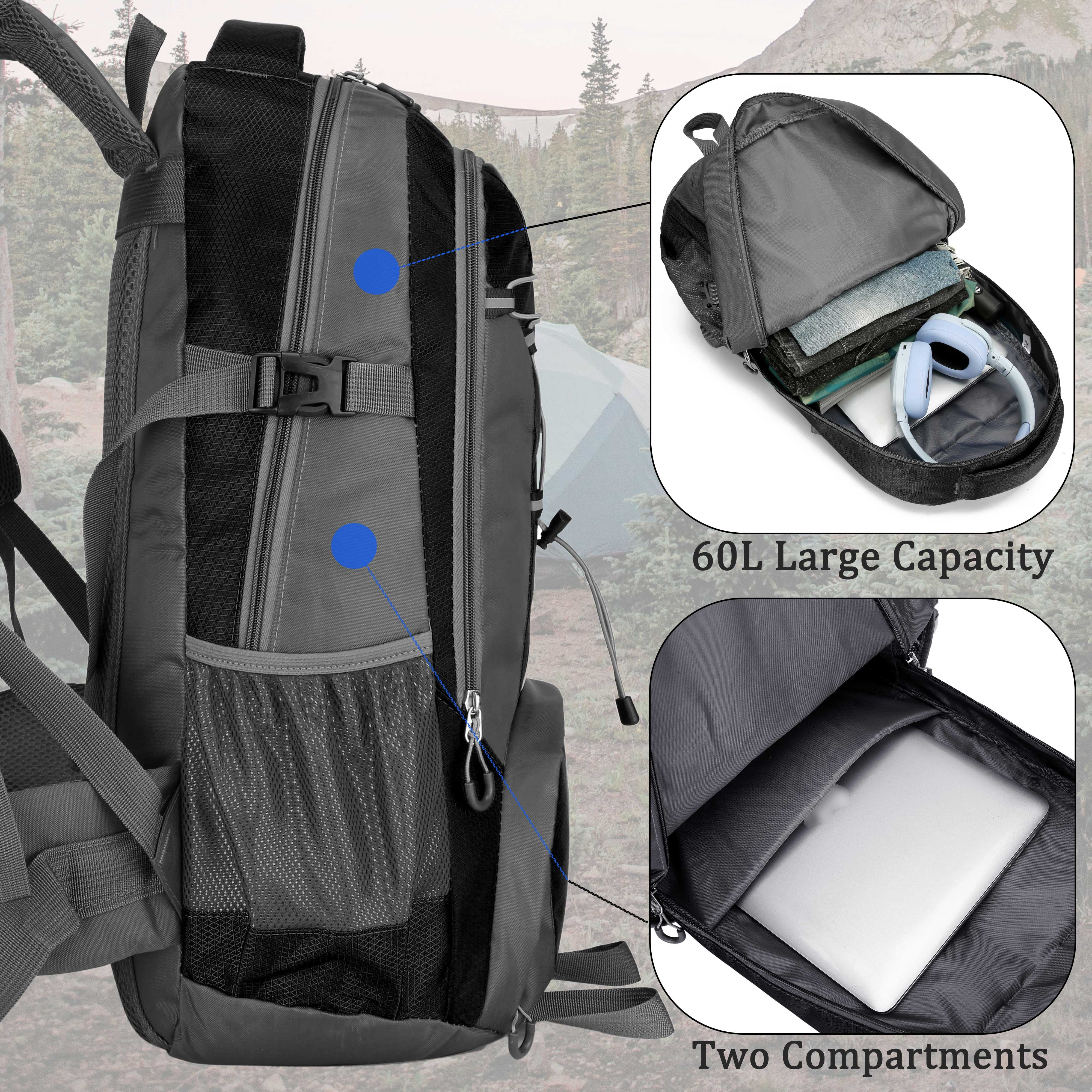 60L Lightweight Hiking Camping Backpack,Hunting Climbing Backpack for Outdoor,Backpack Water Resistant,Tactical Backpack for Men Women