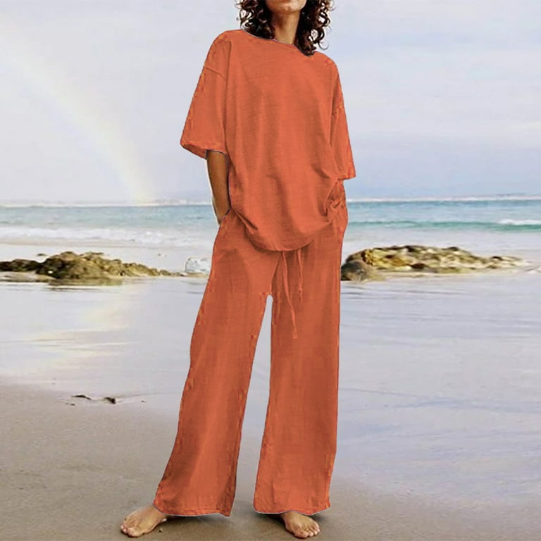 Plus Size Summer Outfits for Women Cotton Linen Pants Set 2 Piece Casual  Tops and Wide Leg Pants Two Piece Beach Sets