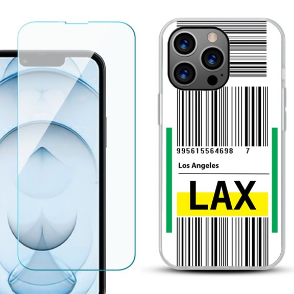 Slim-Fit Gel TPU Phone Case for iPhone 13 Pro Max, with Tempered Glass Screen Protector, by OneToughShield ® - Airport Tag / Los Angeles