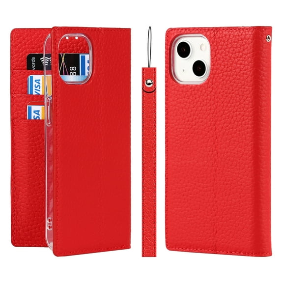 SaniMore Wallet Case for iPhone 14 6.1" 2022, Wrist Strap Flip Kickstand Card Slots Genuine PU Leather Shockproof TPU Shell Anti-fall Full-body Protective Cover For iPhone 14, Red