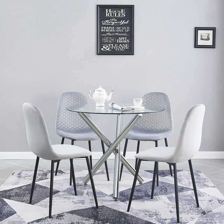 ROZHOME 5-Piece Dining Set, Round Glass Table, Chrome Legs,