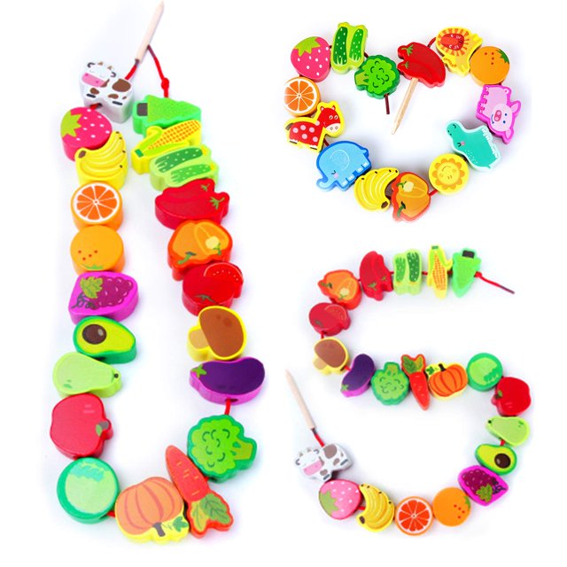 Cordones de cuentas para niños pequeños Montessori Cordón de juguete Animales de madera Frutas Verduras Juguetes para enhebrar para niños BANYUO Hogar