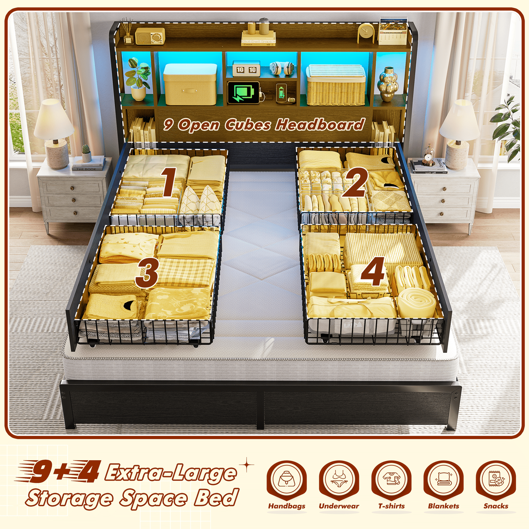 EnHomee Metal Bed Frame with 4 Storage Drawers Full Size Bed Frame with Storage Headboard & 3-Tier Shelf & Charge Station, Black