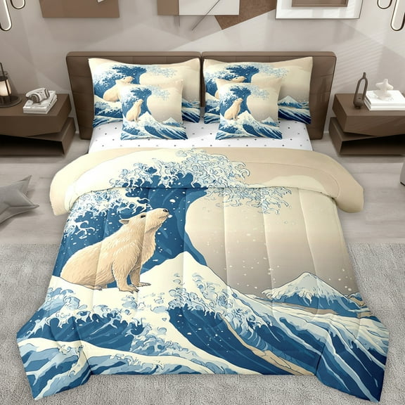 Feelyou 7-Piece Kawaii Bear Twin Bedding Set, Teens Japanese Ocean Waves