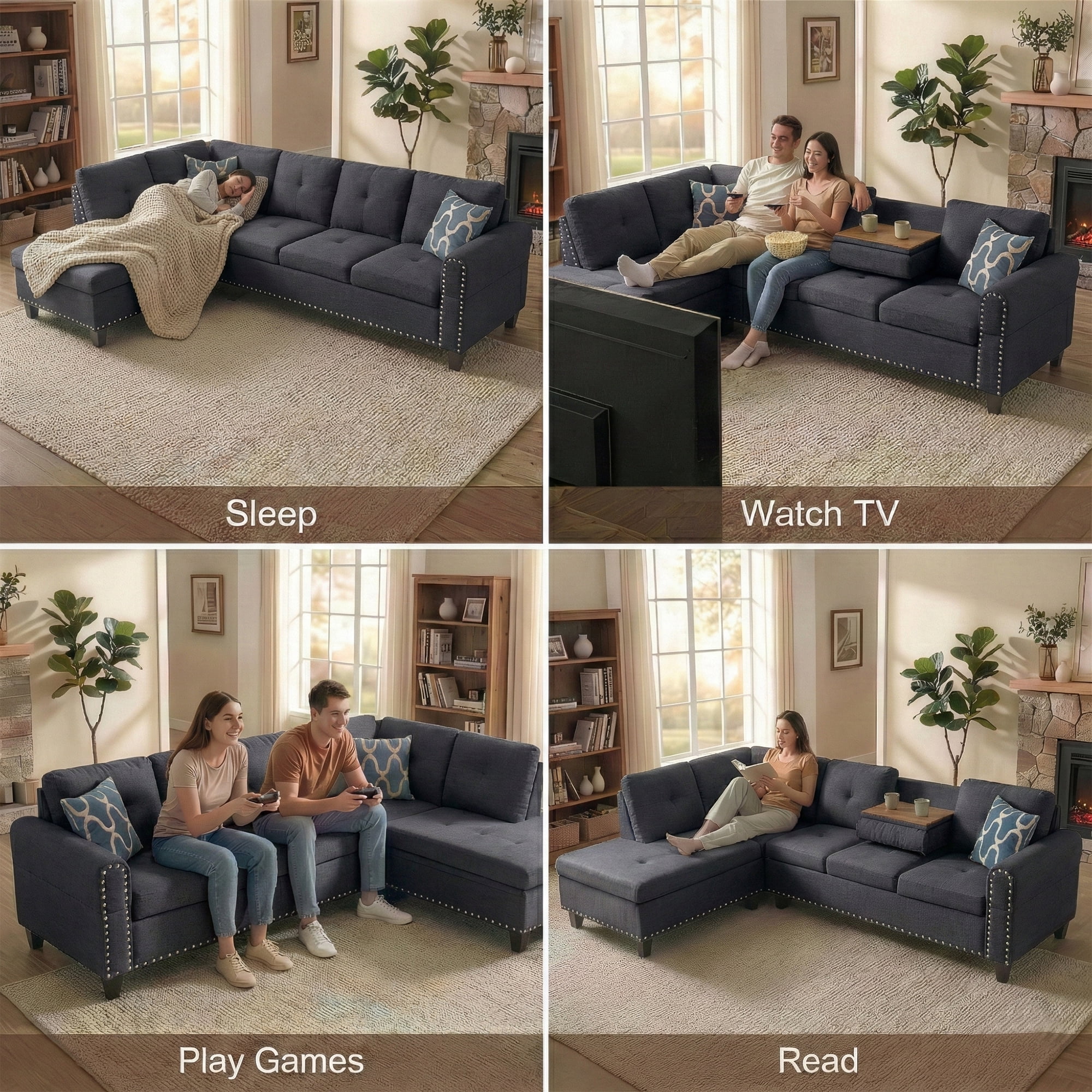 AENKYO 98" L-Shaped Upholstered Sectional Sofa Couch with Storage & Cup Holders, Faux Leather Living Room Sofa Set, Charcoal Gray