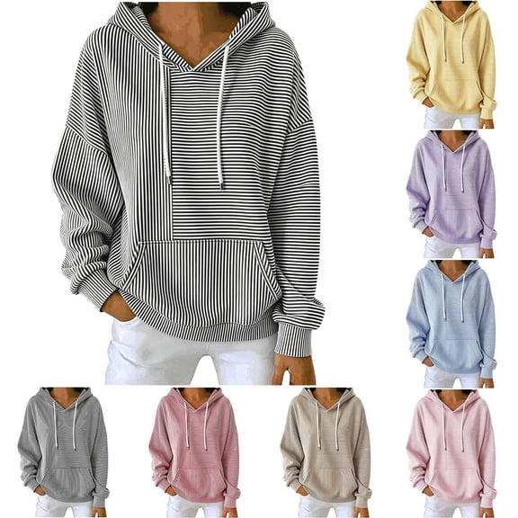 Qiggri Womens Striped Hooded Sweatshirt,Soft Casual Long Sleeve Pullover,Oversized Hoodie with Pocket for Daily Wear