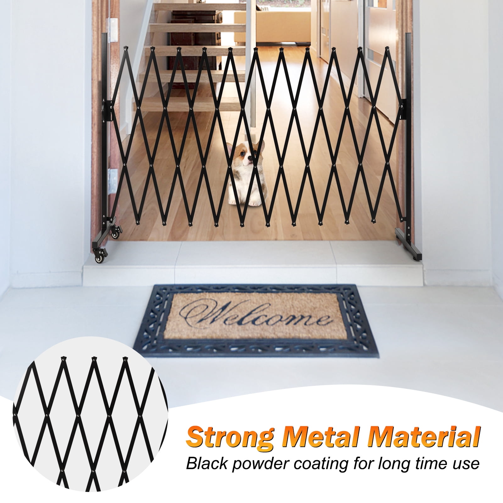 SMONTER Expandable Barricade Gate, 129" Metal Safety Barrier Gate with Casters, Accordion Garden Yard Fence Portable Dog Gates with Latch Indoor Outdoor