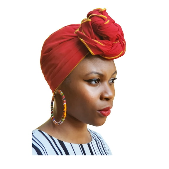 Red African Head Wrap with Gold Trim