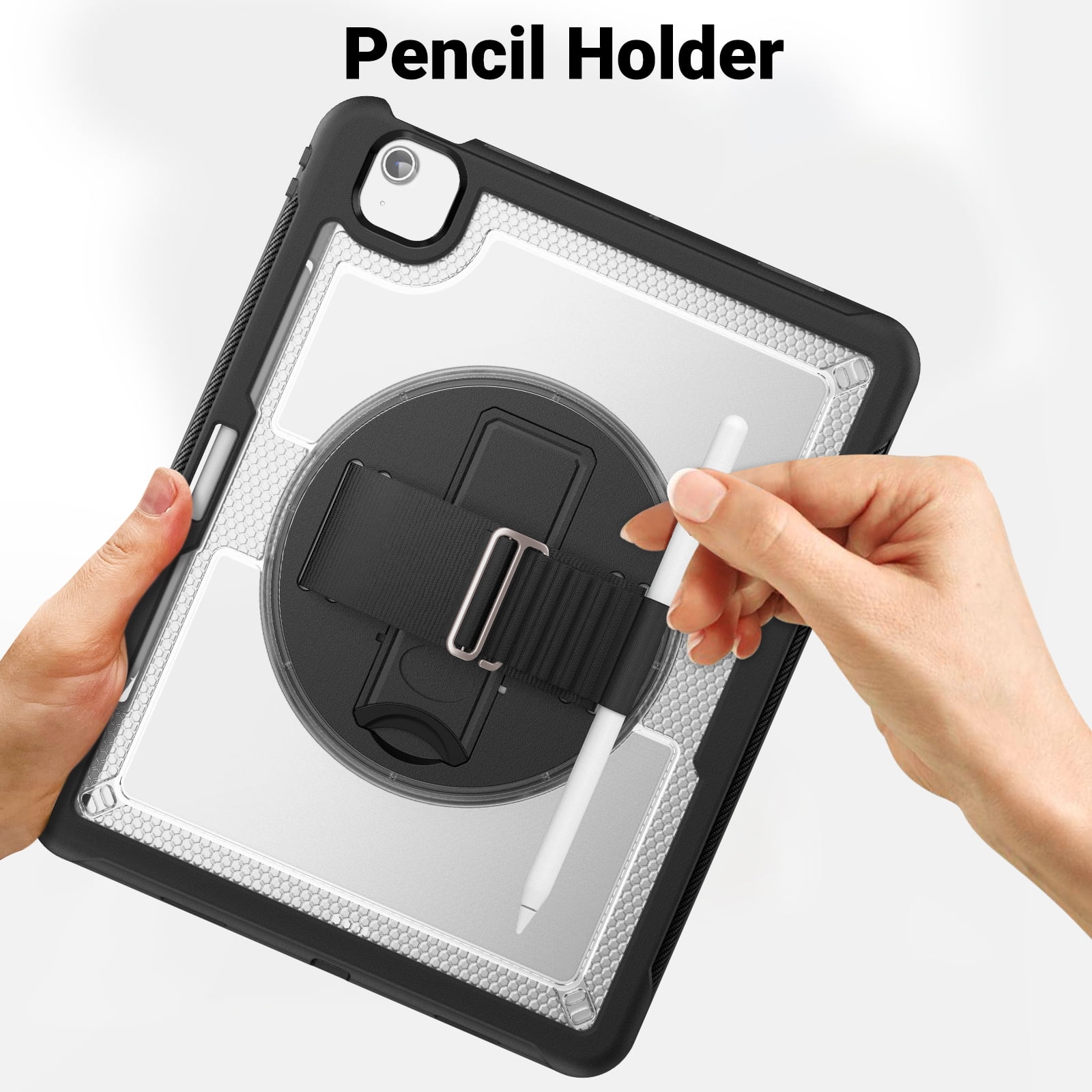 ELEHOLD Case for Apple iPad Air 13 (2024),Soft TPU Rugged Durable Case with 360° Rotating Hand Strap & Foldable Hidden Stand & Pencil Holder,Clear