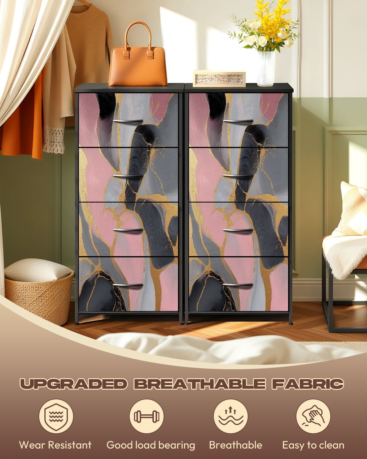 Kanworse 4 Drawer Fabric Dresser for Bedroom Abstract Stains Blue Rose Gold Chests of Drawers for Closet Organizers Storage