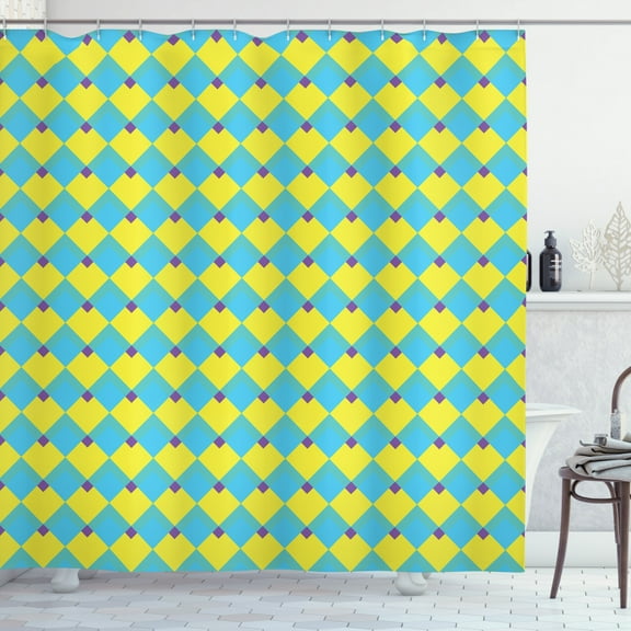 Crazy Shower Curtain, Geometric Rhombus Pattern Memphis Style Arrangement Checkered Design, Fabric Bathroom Set with Hooks, 69W X 84L Inches Extra Long, Yellow Purple and Blue, by Ambesonne