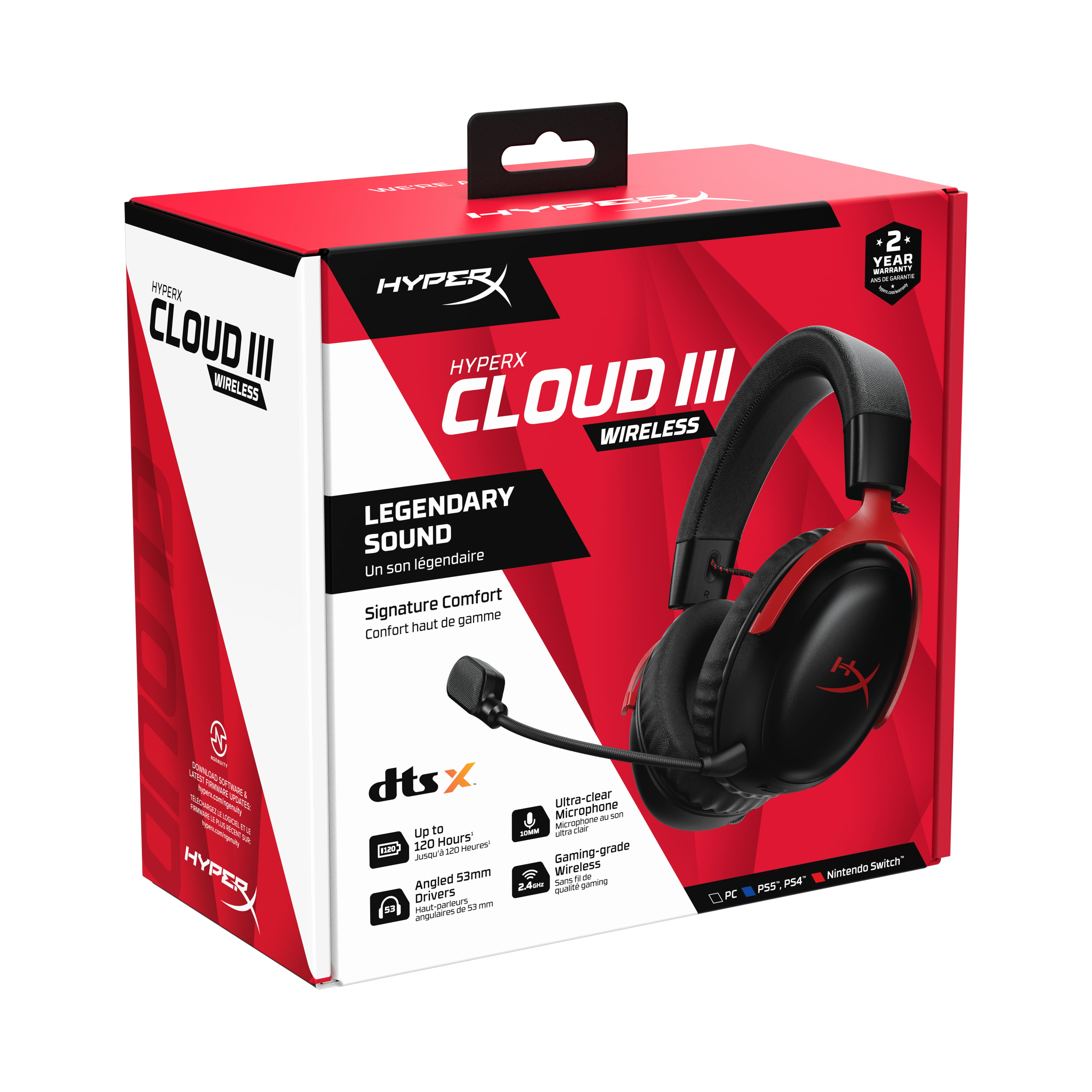PS5, angled Wireless, PS4, HyperX Black/Red Wireless up 2.4GHz Frame, microphone Gaming 120-hour 53mm PC, Durable for 10mm Cloud – to Battery, III foam, headset Memory – drivers,
