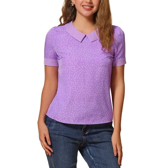 INSPIRAR CHIC Blusas de Mujer con Cuello Peter Pan en Contraste, con Lunares, de Manga Corta, Talla S, Color Púrpura Claro