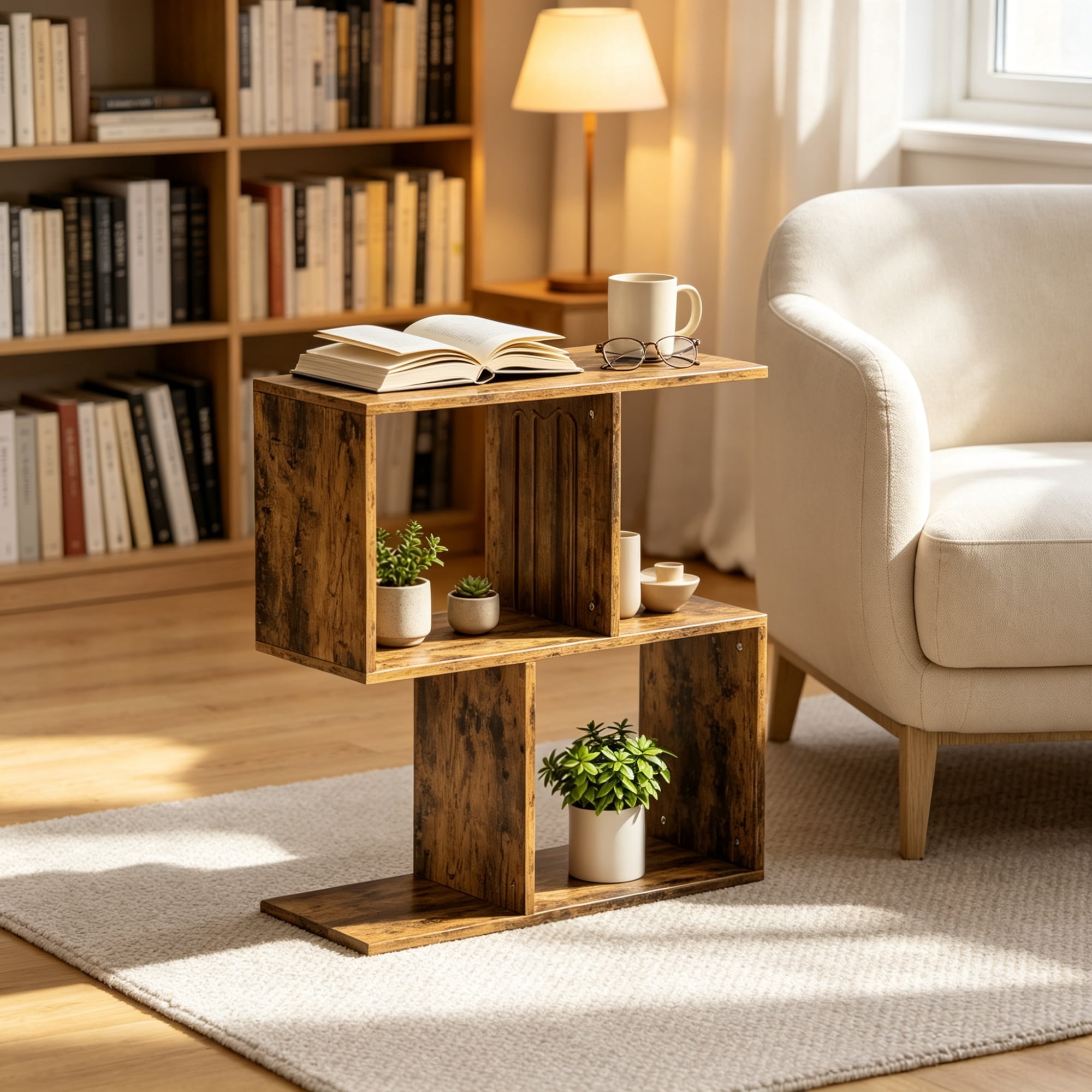 3-Tier S-Shape Side Table with Open Compartments for Narrow Spaces