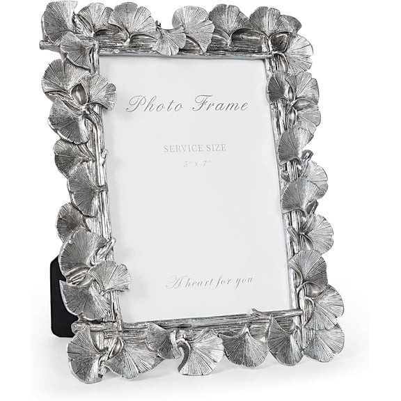 Silver Picture Frame 5x7 Vintage Silver Frames, Ornate Leaf Textured Hand-Crafted Resin with Glass Front Antique Photo Frame for Tabletop Display, Retro Design Home Decor