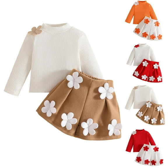 AINIYSLittle Girls Fall Winter Skirt Set Half Turtleneck Ribbed Long Sleeve Solid Knit Sweater Top & 3D flower Dress Pants 2Pcs Outfits Khaki 18 Months