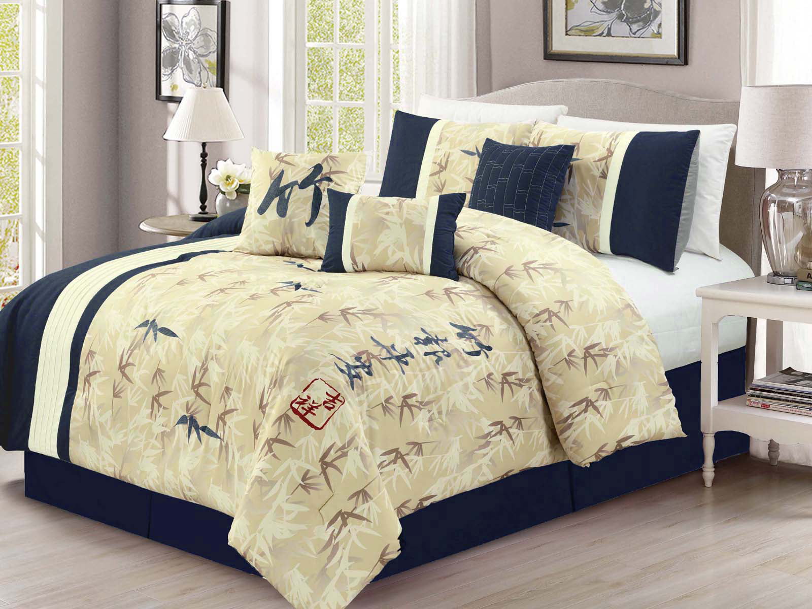 image: 11-Pc Bamboo Forest Auspicious Kanji Character Comforter Curtain Set Blue Beige Ivory King