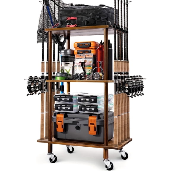 Fishing Rod Holders for Garage Fishing Pole Rack Hold up to 10 Rods Fishing Pole Holders Wooden Organizer Fishing Rod Rack car Fishing Gear Storage Equipment (3 Tier)