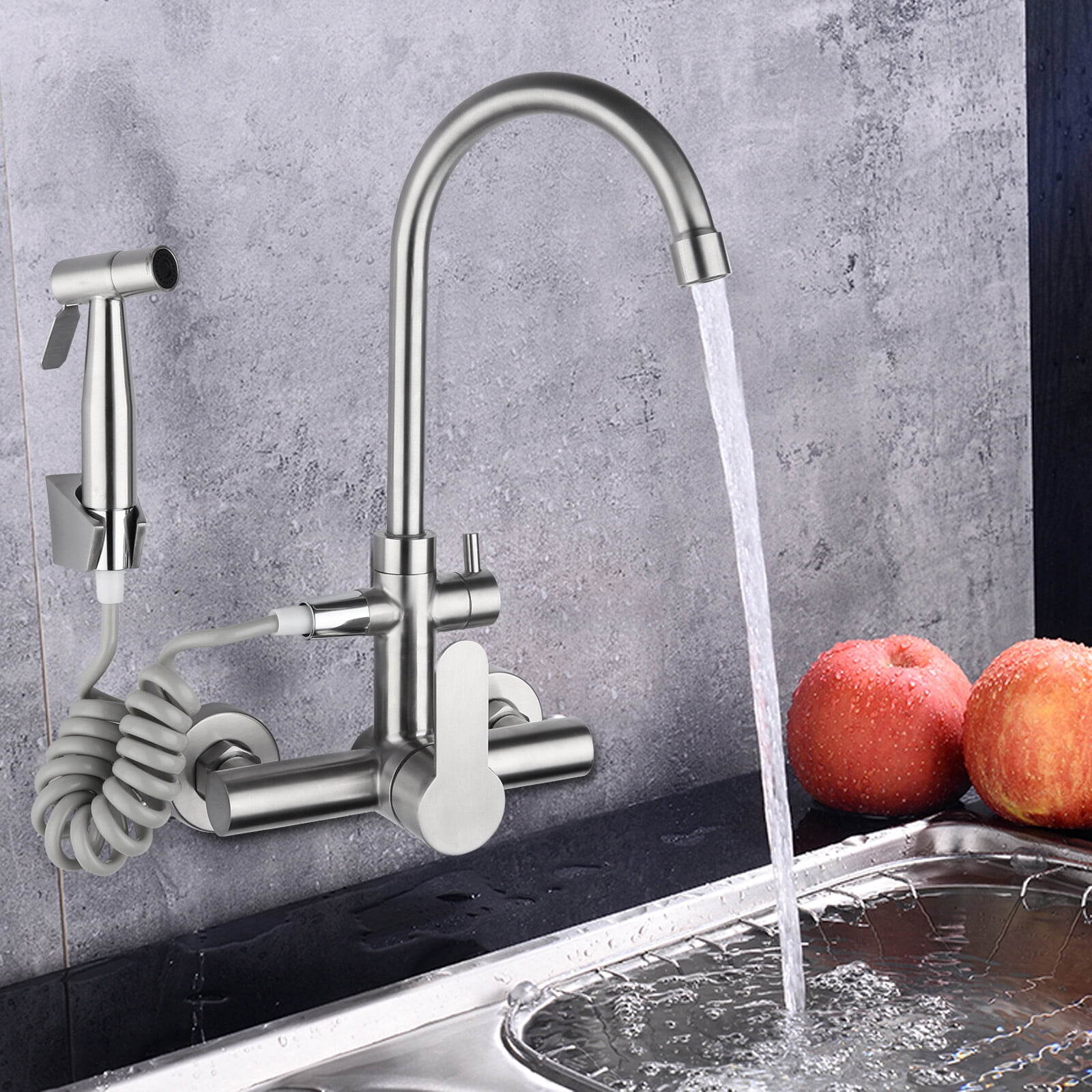 Silver Single Handle Wall-mounted Stainless Steel Faucet 360° Rotation Kitchen Faucet for Homes Restaurants Shopping Centers