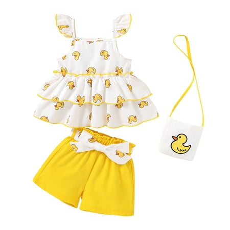 Tiny Cutey Toddler Baby Girl Clothes Outfits Summer Cute Sleeveless Bowknot Top Shorts Set with Bag for 12-18 Months