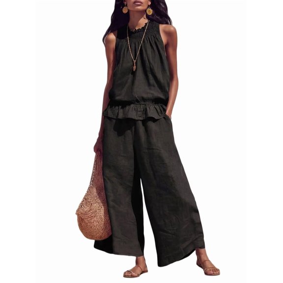 Women's Linen 2 Piece Outfits Sleeveless Ruffle Top Wide Leg Pants Summer Loungewear Beach Sets Black S