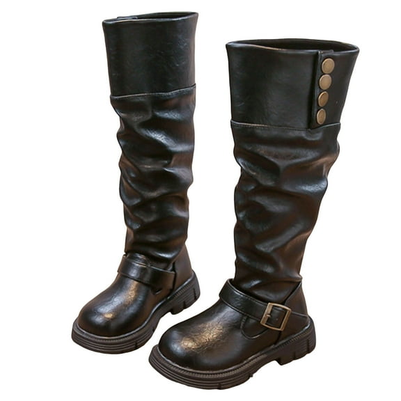 Girl's Slouchy Tall Riding Boots Vintage Leather Round Toe Pull on Knee High Fall Dress Booties with Button Black 3 Big Kids