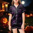thumbnail image 2 of TOWED22 Halloween Girls Pajamas Set Ghost Pumpkin Print Short Sleeve Button Down 2 Piece Loungewear Sets Sleepwear Outfit Sets for 2-13T(Dark Purple,4-5 Y), 2 of 5