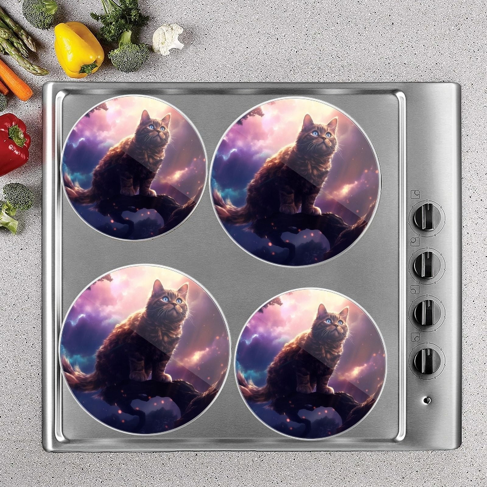 Bahomeck Electric Stove Burner Covers Set Of 4,Tabby Cat With Blue Eyes Sits On The Branch Of Old Tree Metal Gas Stove Burner Covers,Protecting Gas Stoves,8 Inch And 10 Inch