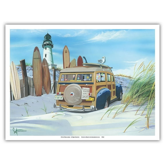G'Day Mate - Retro Woodie on Beach with Surfboards - From an Original Color Painting by Scott Westmoreland - Master Art Print (Unframed) 9in x 12in
