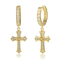 18K Yellow Gold 3 Ct White Sapphire Plated Cross Hoop Earrings by Paris Jewelry