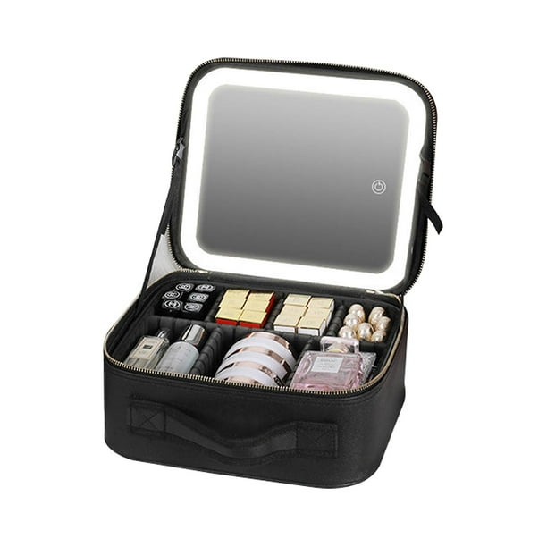 Travel makeup bag with LED mirror, adjustable dividers and toiletry bag in black