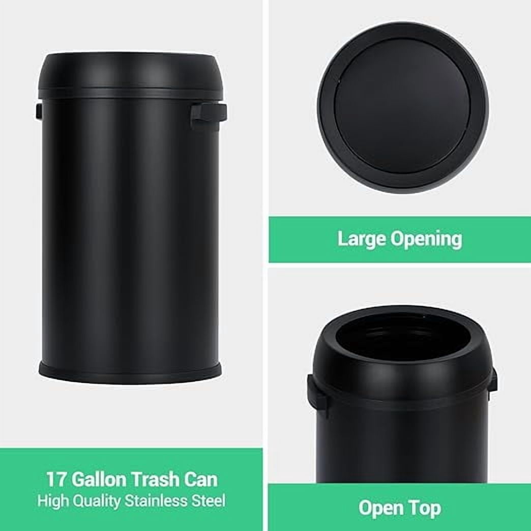 Basics Round Stainless Steel Trash Can with Open Swing lid, Large Kitchen Round Can - 65 Litre/ 17.2 Gallon, Silver, Black,White