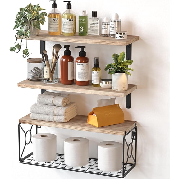 Bathroom Shelf Over Toilet with Storage Basket, Natural Wood Floating Wall Shelf for Bathroom Kitchen Living Room Organization & Decor